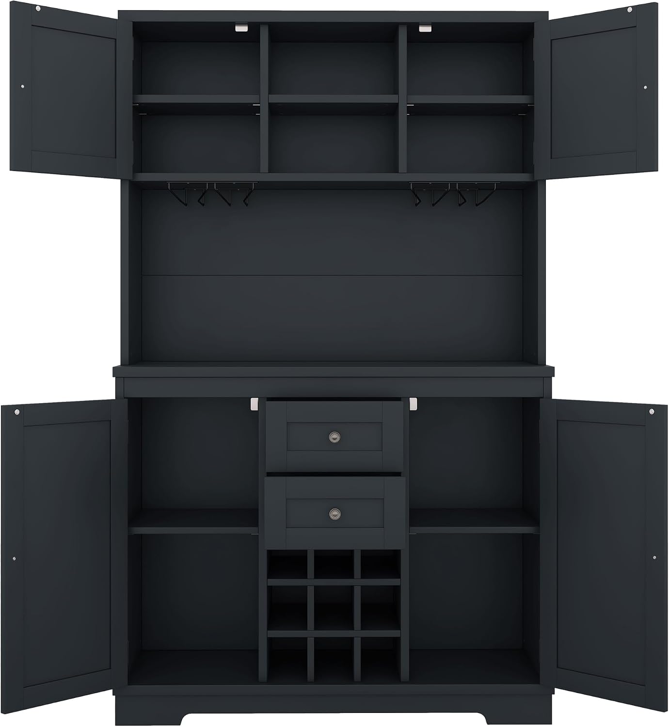 Coffee Bar Cabinet with Storage, 9-Grid Wine Rack & Drawers, Farmhouse Kitchen Buffet with Glass Hooks for Dining Room, Living Room, Kitchen (Blue, 73")