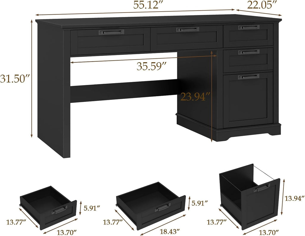 Vabches 55" Farmhouse Home Office Desk with File Drawer, Executive Computer Desk with 4 Storage Drawers, Rustic Computer Desk for Working, Studying, Writing（Pure Black