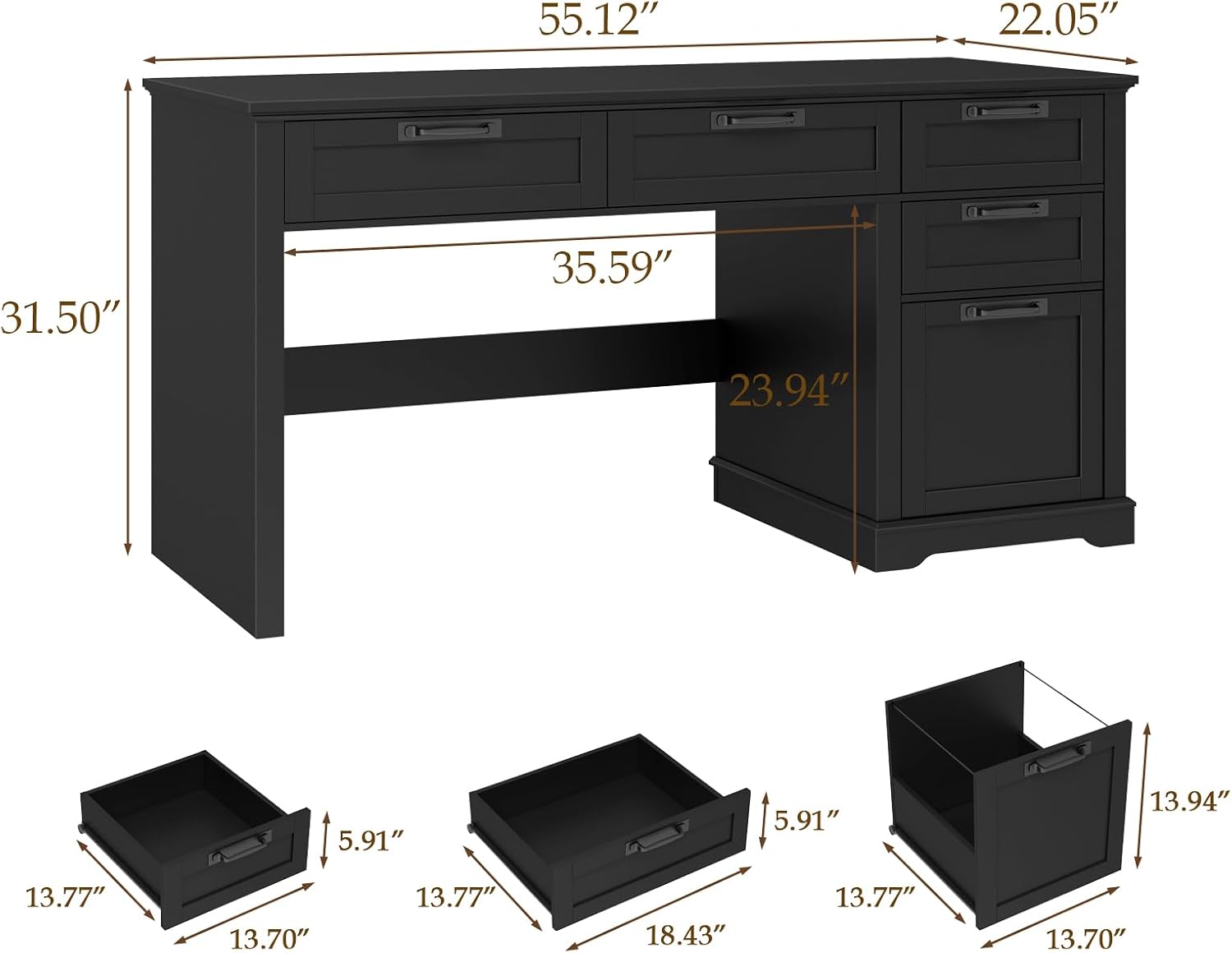 Vabches 55" Farmhouse Home Office Desk with File Drawer, Executive Computer Desk with 4 Storage Drawers, Rustic Computer Desk for Working, Studying, Writing（Pure Black
