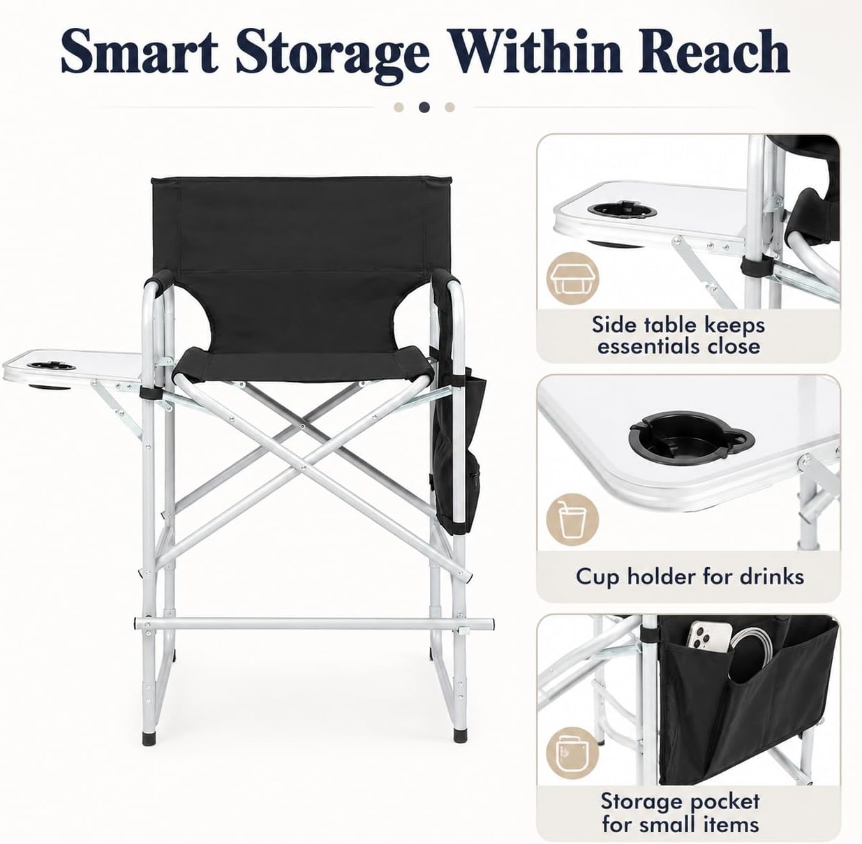 YUNWANG Tall Folding Directors Chair - High Foldable Bar Stool with Side Table Cup Holder and Storage Pocket - Seat Height Artist Chair for Makeup Artist Face Painting