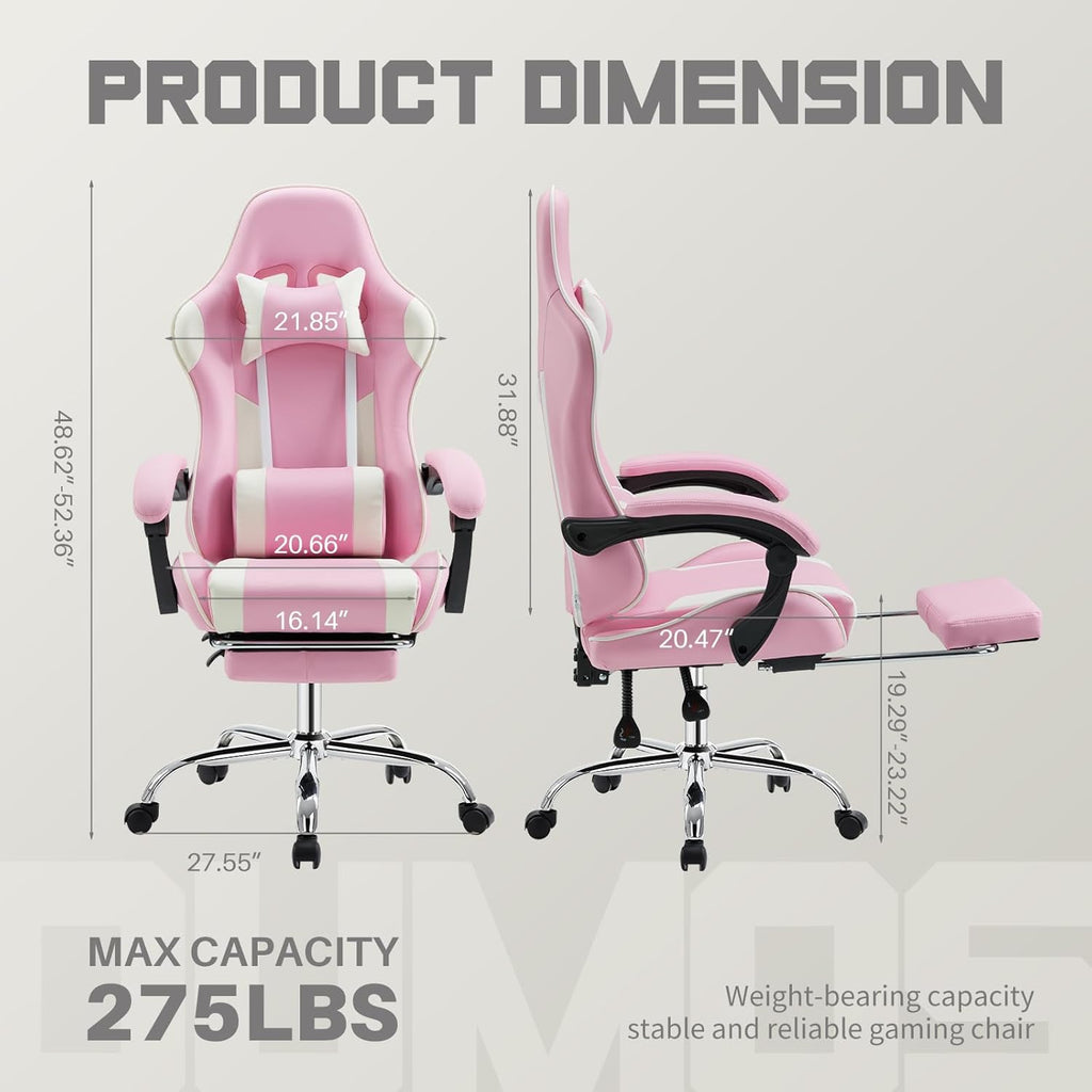 DUMOS Ergonomic Gaming Office Desk Chair with Footrest and Headrest for Adults, PU Leather Video Computer Chair with Linkage Armrests, Height Adjustable 360° Swivel Recling, White Pink