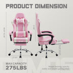 DUMOS Ergonomic Gaming Office Desk Chair with Footrest and Headrest for Adults, PU Leather Video Computer Chair with Linkage Armrests, Height Adjustable 360° Swivel Recling, White Pink