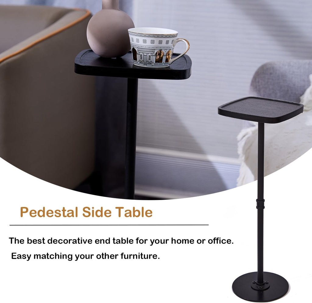 Drink Table, Small Pedestal Side Table, Cocktail Martini Tables Drink Stand, Modern Square Tiny Accent End Table with Metal Base for Small Spaces Living Room Bedroom Office Bar (Black)