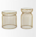Pemberly Row Set of 2 Round Metal Accent Tables, Gold Cage-Like Base, Tempered Glass Top, Contemporary Design, 30.7x18.9x20.1 in Each, Elegant Style for Living Room or Lounge