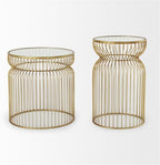 Pemberly Row Set of 2 Round Metal Accent Tables, Gold Cage-Like Base, Tempered Glass Top, Contemporary Design, 30.7x18.9x20.1 in Each, Elegant Style for Living Room or Lounge