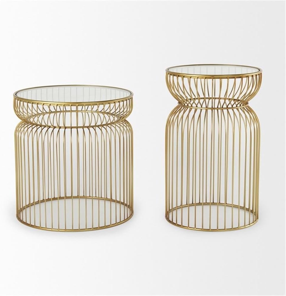 Pemberly Row Set of 2 Round Metal Accent Tables, Gold Cage-Like Base, Tempered Glass Top, Contemporary Design, 30.7x18.9x20.1 in Each, Elegant Style for Living Room or Lounge