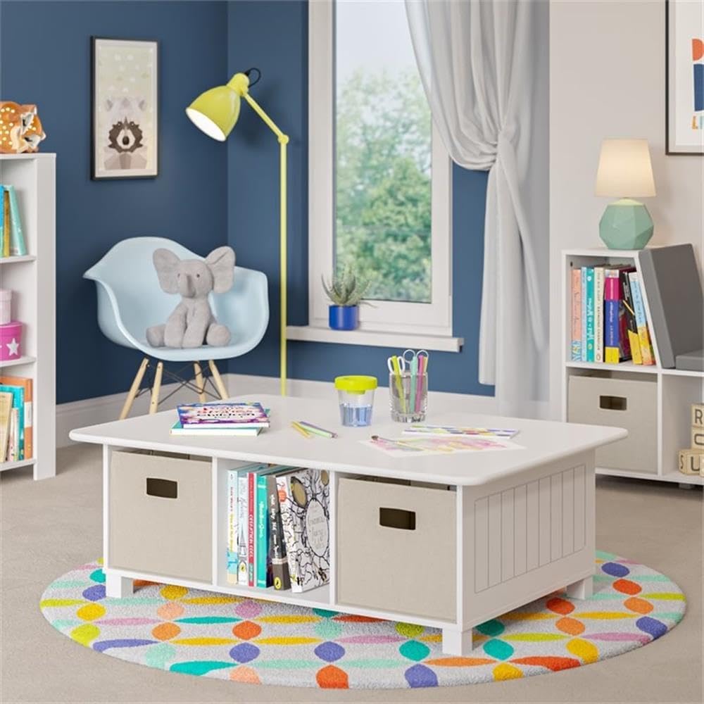 RiverRidge Kids Desk and Activity Table with 6 Storage Cubbies for Folding Bins - Art Craft or Train Table Design for Play Area Toy Organization - White