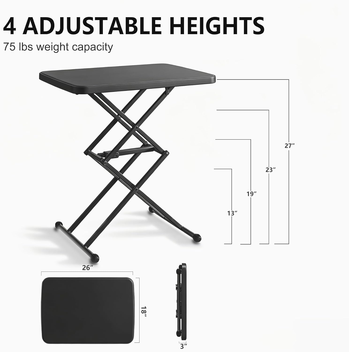 Small Folding Table, Height Adjustable in 2 Seconds with 4 Settings, Ultra-Thin 3" Foldable Design, No Assembly Required, Black 26-Inch TV Tray Laptop Desk for Picnic, Indoor/Outdoor Use, 1 Pack