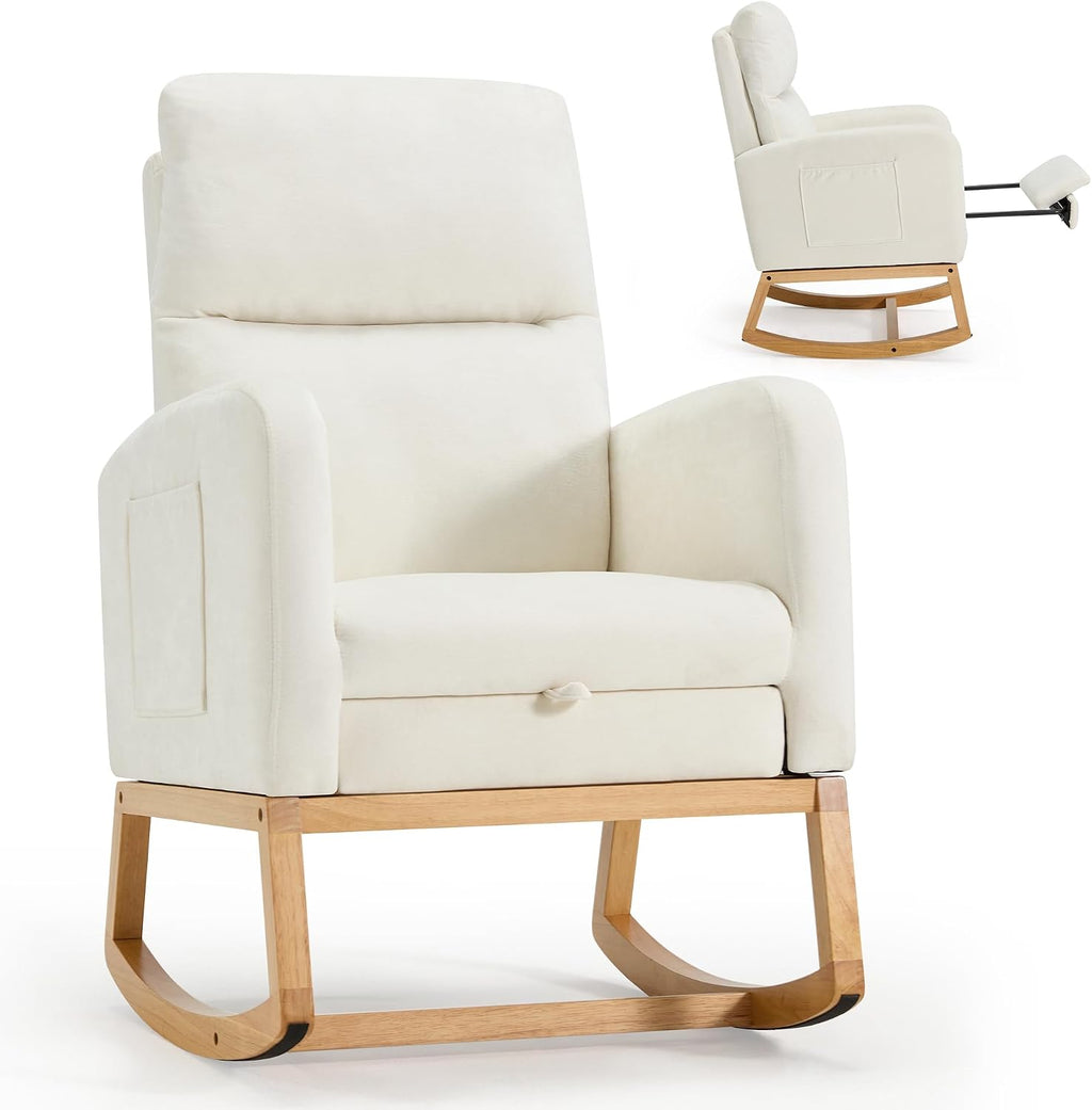 AVAWING Nursery Rocking Chair with Footrest,Upholstered, Side Pocket,Beige
