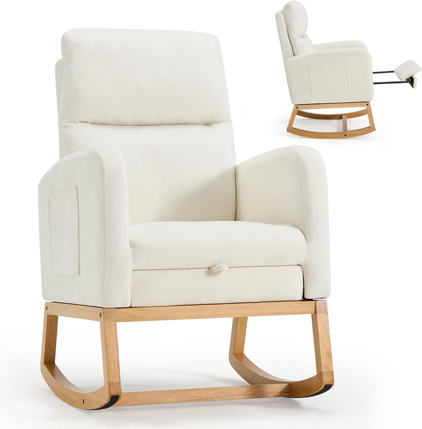 AVAWING Nursery Rocking Chair with Footrest,Upholstered, Side Pocket,Beige