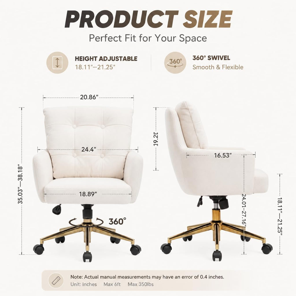 Modern Home Office Chair Velvet Desk Chair Accent Armchair Gold Legs Swivel Task Chair with Wheels Ergonomic Lumber and Back Support, Height Adjustable Flip-up for Living Room, Bedroom, Office,Study