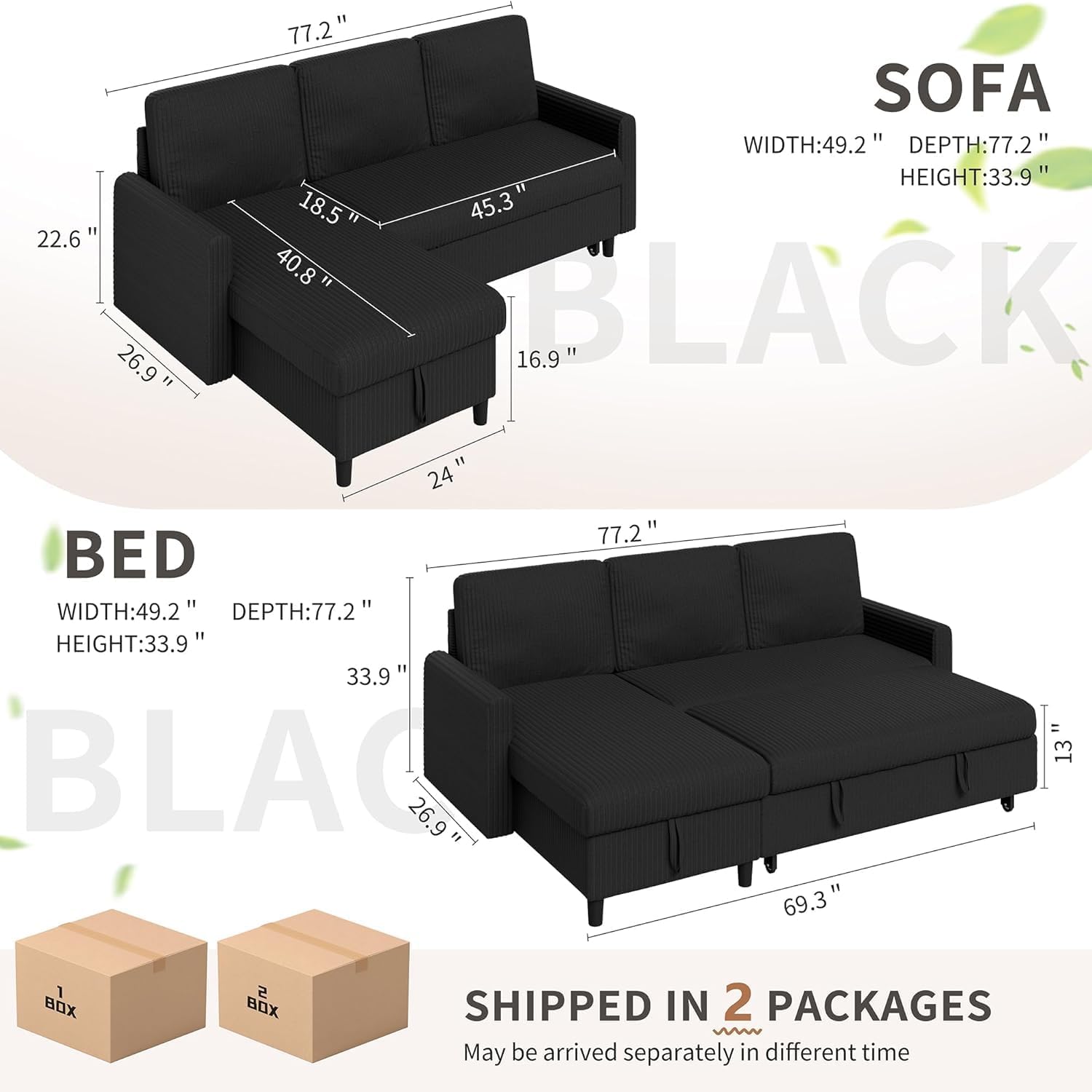 Walsunny 77" Sectional Sleeper Sofa with Pull Out Bed, Modern L-Shaped Corduroy Convertible Couch with Storage Chaise, Reversible Sofa Bed for Small Spaces, Apartment, Office, Black