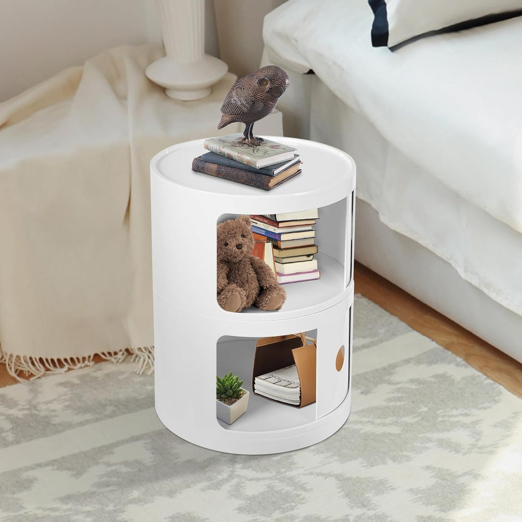 2-Tier Circular Nightstand, Round Nightstand, Circular Side Table with Drawer, Cylindrical Cabinet, ABS Sliding Doors, Modern Bedside Table for Bedroom Living Room, 12.5 Inch, 88 Lbs Capacity
