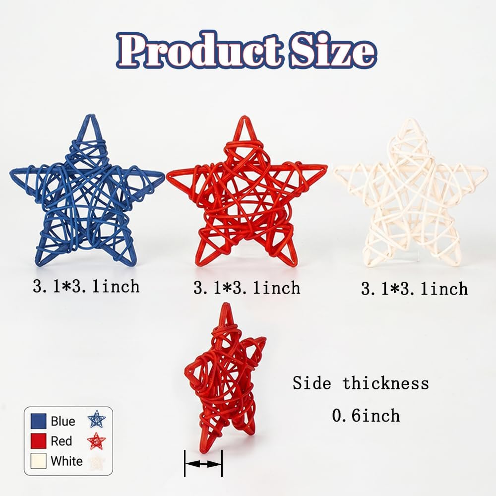 18 Pcs 4th of July Decorations Patriotic Rattan Star Decor Red White and Blue Decorations 3.1 Inch Independence Day Table Decor Party Decorations Vase Bowl Fillers