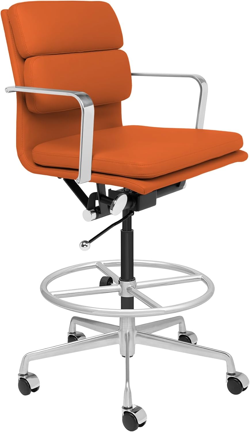 Laura Davidson Furniture SOHO II Padded Drafting Chair for Standing Desks, Standing Desk Chair - Ergonomically Designed, Commercial Grade Draft Height, Arm Rest & Cushion, Made of Faux Leather, Orange
