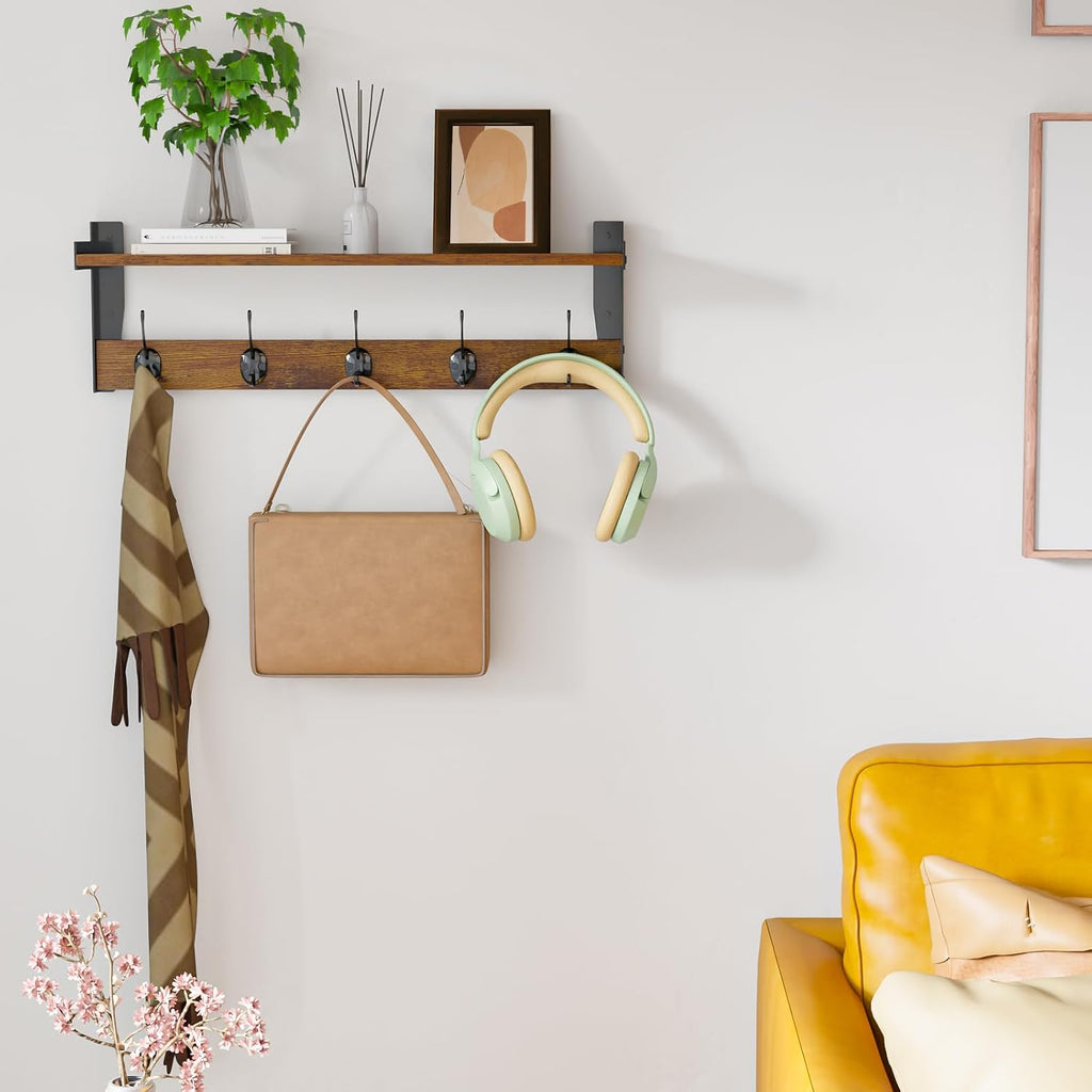 Coat Rack with Wall Mount, 23 Inch Long Entryway Wall Shelf with Hooks, Wood Hanger with Storage Shelf for Bathroom, Hallway, Rustic Brown