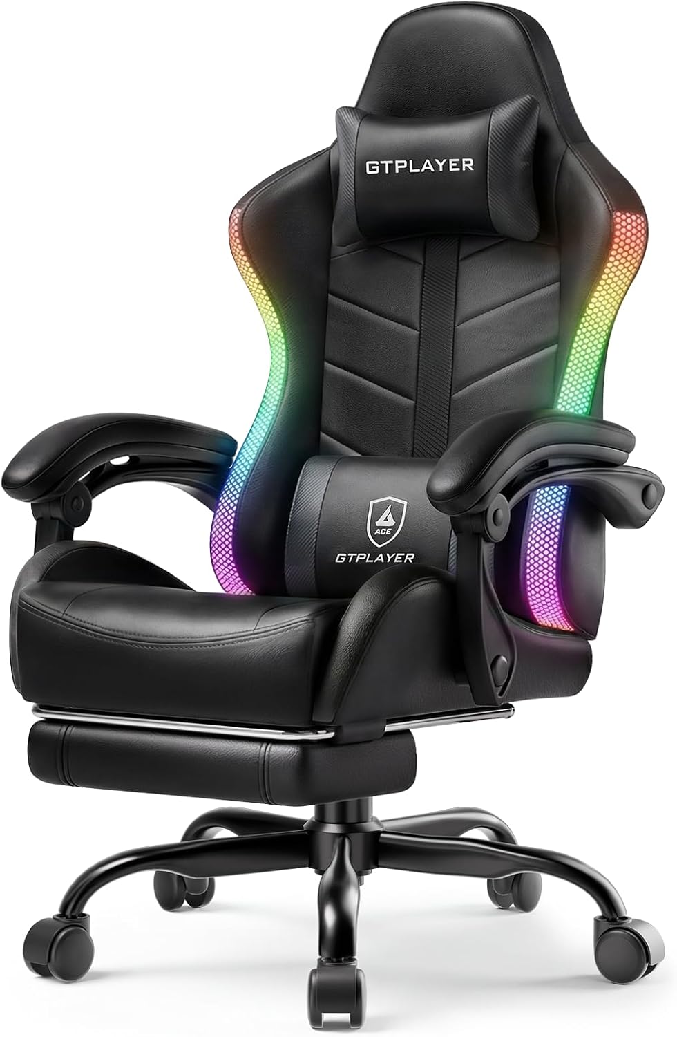 GTPLAYER Gaming Chair, Ergonomic Computer Office Chairs for Adults with Footrest, Height Adjustable, Linkage Armrests, 90-155° Recline & Headrest Lumbar Support, RGB Black