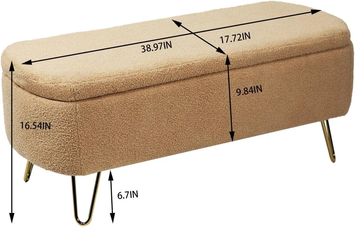 Camel Storage Ottoman Bench for End of Bed Gold Legs, Modern Camel Faux Fur Entryway Bench Upholstered Padded with Storage for Living Room Bedroom