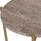 BOWERY HILL Contemporary Accent Table, 22" H x 16" W x 16" D, Dark Travertine Marble Top, Gold Iron Frame, Brown Finish, Stylish Living Room or Bedroom Side Table