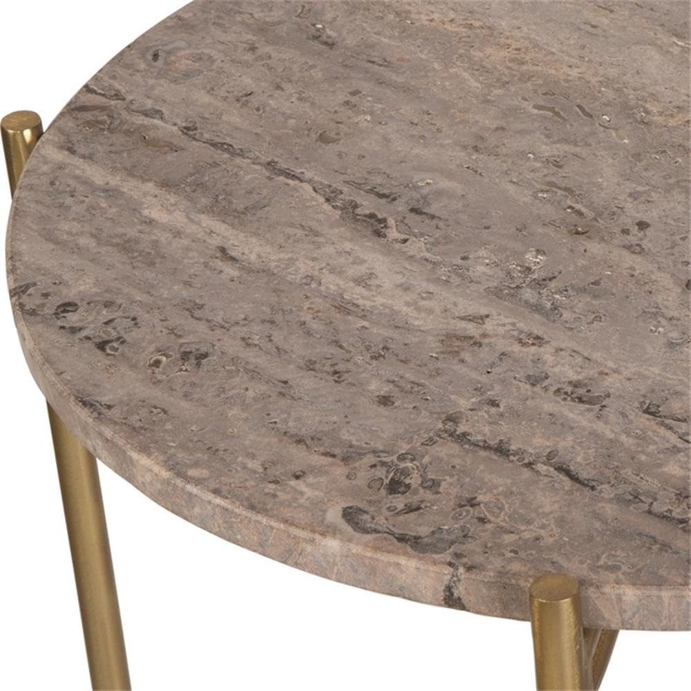 BOWERY HILL Contemporary Accent Table, 22" H x 16" W x 16" D, Dark Travertine Marble Top, Gold Iron Frame, Brown Finish, Stylish Living Room or Bedroom Side Table
