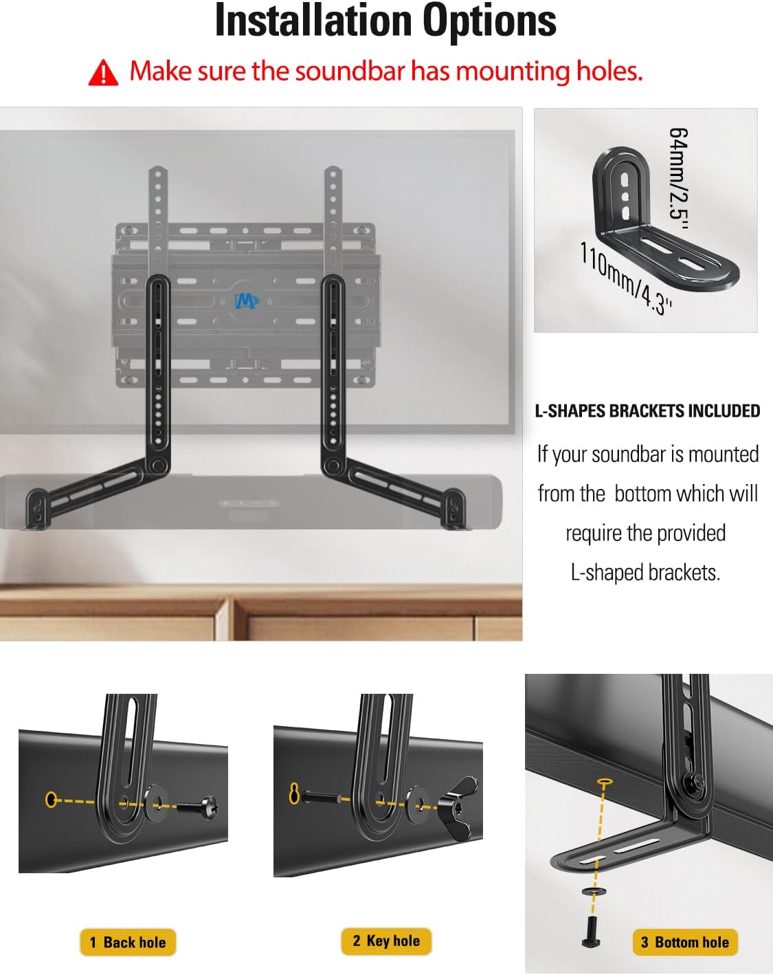 Mounting Dream Soundbar Mount Bracket for Mounting Above or Under TV Fits Most of Sound Bars Up to 15 Lbs, with Detachable Long Extension Plates MD5420