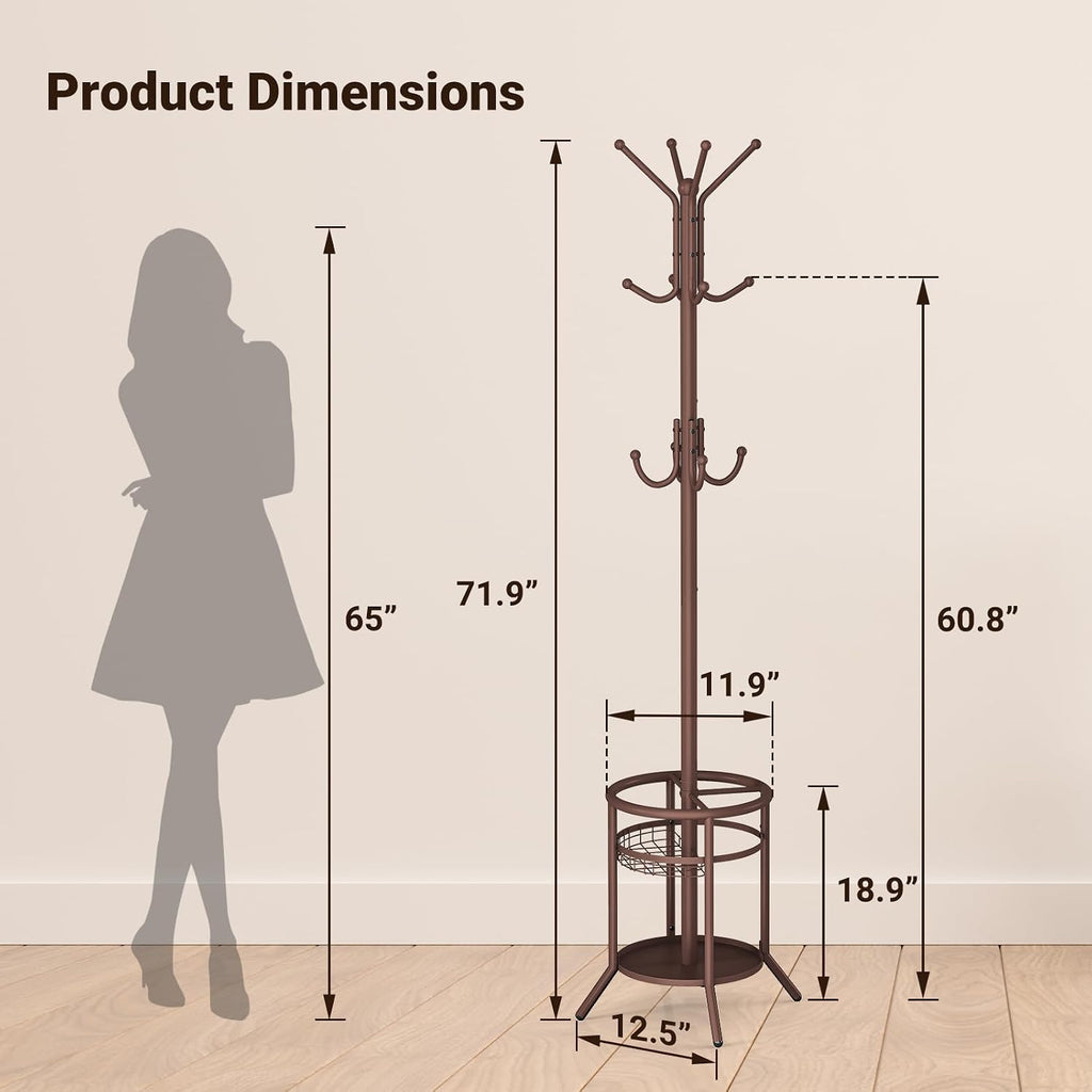 ELYKEN Coat Rack Freestanding, Metal Coat Rack with Umbrella Holder | 12 Hooks, Round Base, Heavy Duty Floor Standing Coat Tree for Entryway, Hallway, Living Room, Bedroom, Office, Brown