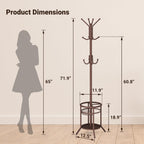 ELYKEN Coat Rack Freestanding, Metal Coat Rack with Umbrella Holder | 12 Hooks, Round Base, Heavy Duty Floor Standing Coat Tree for Entryway, Hallway, Living Room, Bedroom, Office, Brown