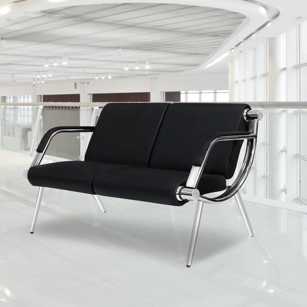 kinbor PU Leather Waiting Room Chairs - 2 Seat Guest Reception Seat Bench with Arms for Airport Hospital Office Salon, Black