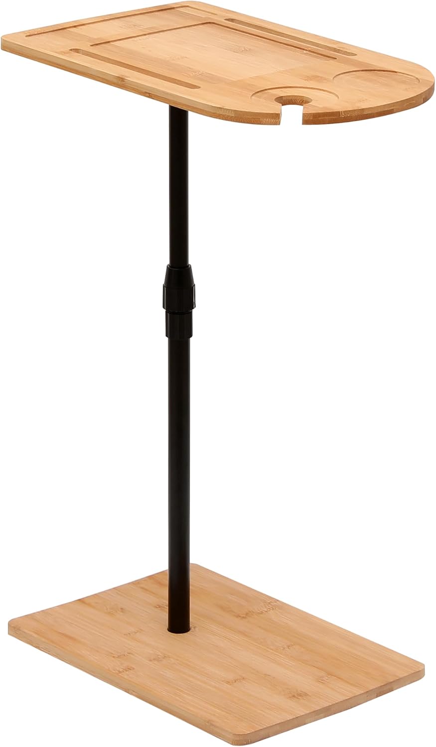 Bamboo Height Adjustable Side Table, 360° Rotating Sofa Couch Tray, C-Shaped End Table with Wine Glass Holder and Tablet Slot, 16.73"-30.11
