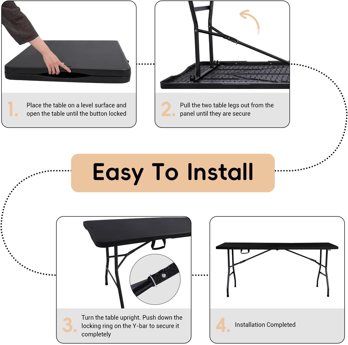 pollilar Folding Table 6FT Heavy Duty Portable Plastic Foldable Table Black | 6 Foot Fold-in-Half Utility Desk for Outdoor Camping Party Dining Wedding Events Picnic Indoor Working Meeting Banquet BBQ