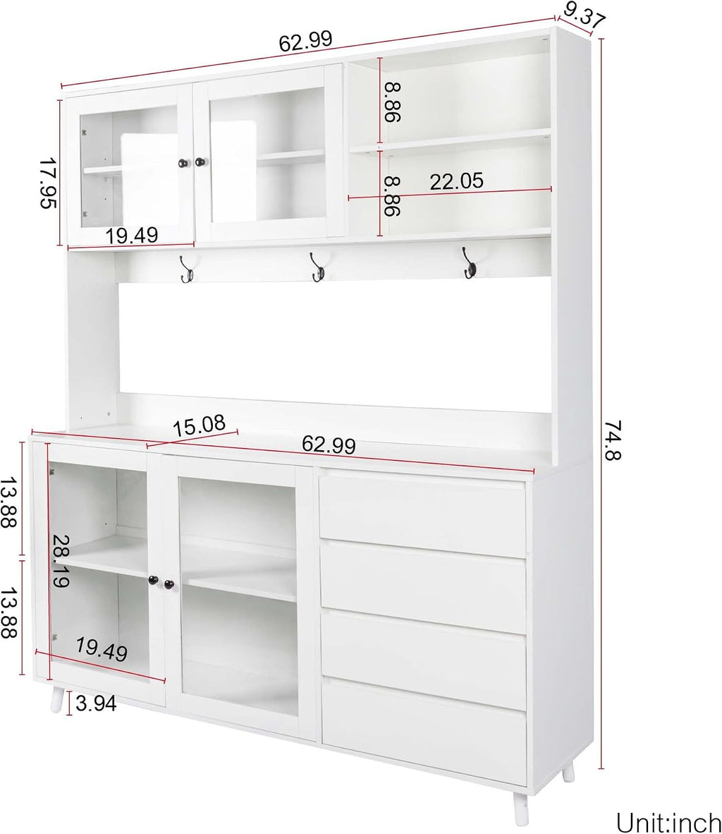 63'' Kitchen Pantry Cabinets with Microwave Shelf, Freestanding Pantry Cabinet with Doors & Countertop, Coffee Bar Hutch & Kitchen Hutch Storage Cabinet with Drawers for Dining Room (White)