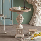 Vintage Round Side Table with Carved Pedestal, Rustic Accent End Table for Living Room, Balcony or Entryway Decor