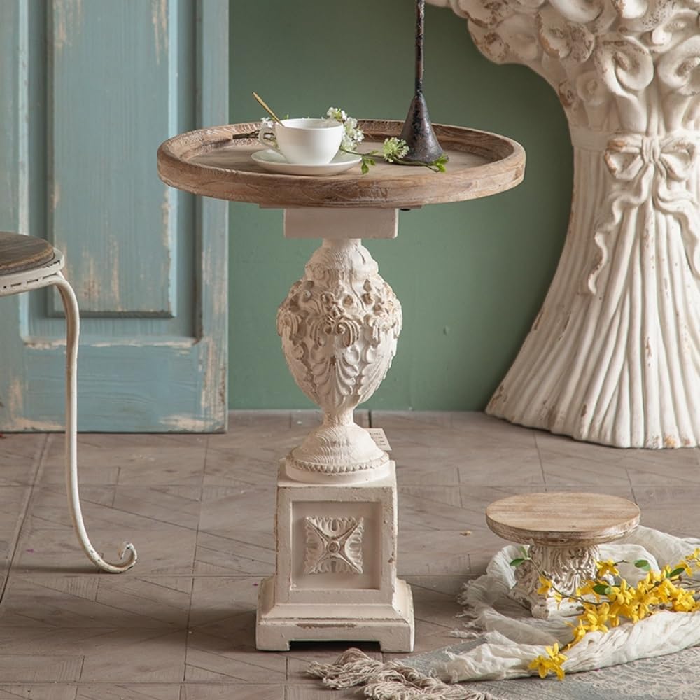 Vintage Round Side Table with Carved Pedestal, Rustic Accent End Table for Living Room, Balcony or Entryway Decor