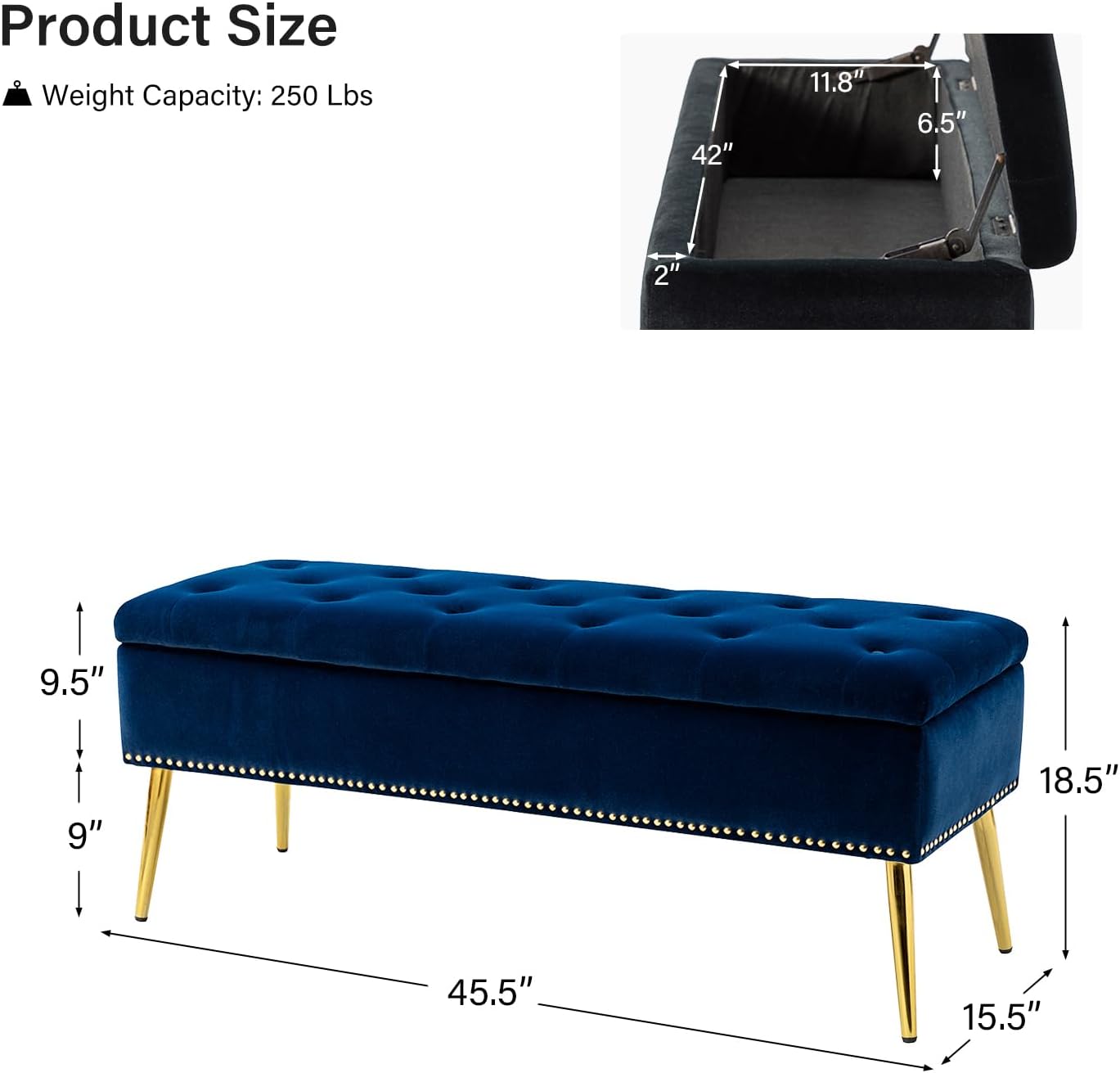 45.5" Luxury Velvet Storage Ottoman Bench with Button Tufted & Nailhead Trim, Upholstered Entryway Benches with Gold Legs, Multi-Functional Footstool for Bedroom End of Bed, Navy