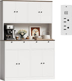 Hetoy 71" Tall Pantry Storage Cabinet with Charging Station and Microwave Countertop - Modern Wood Food Pantry Cabinet with Drawers for Kitchen and Dining Room