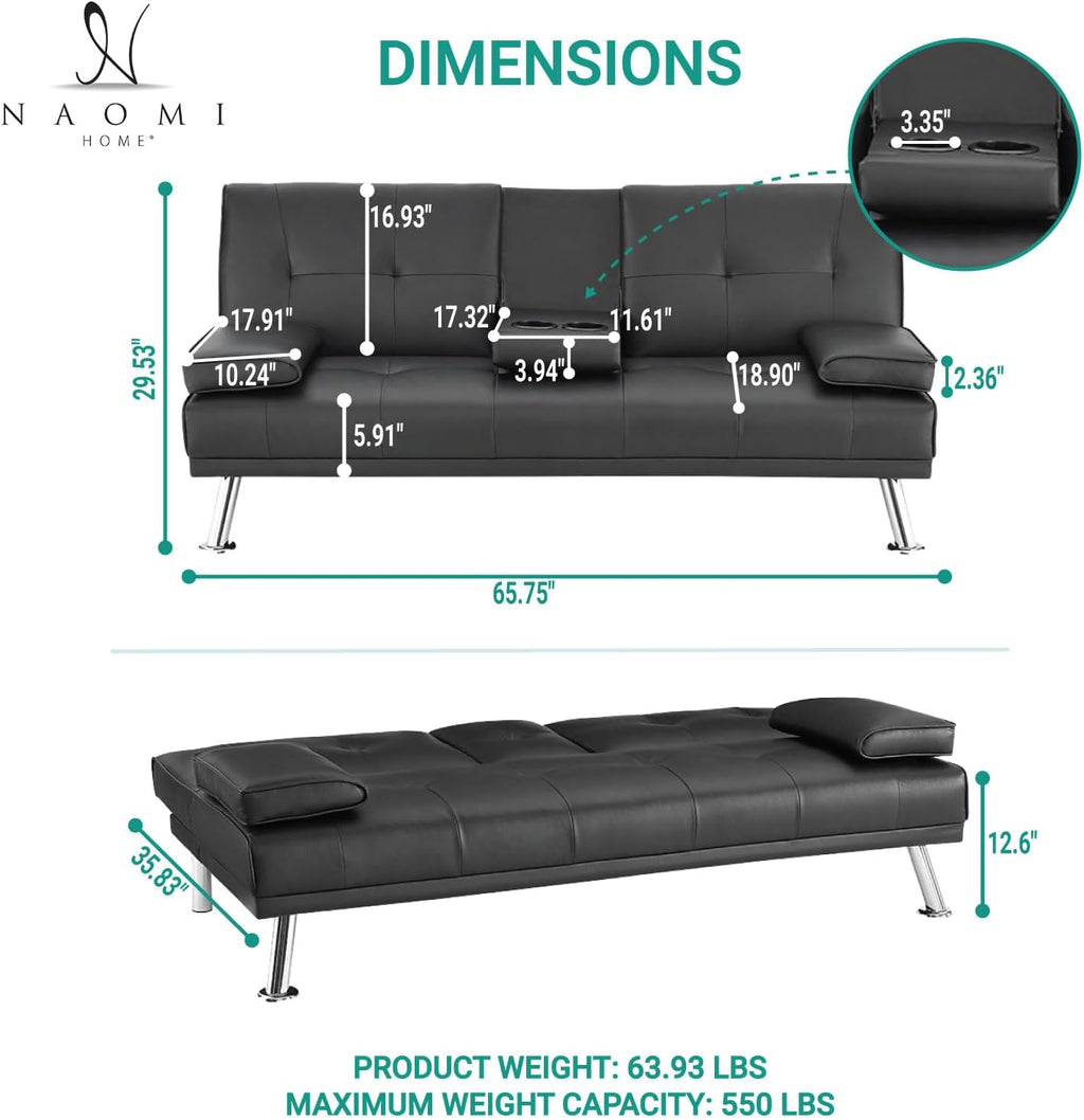 Naomi Home Compact Convertible Futon Sofa Bed – Modern Faux Leather Sleeper Couch for Small Spaces, Apartments & Dorms – Adjustable Lounger with Cup Holders & Removable Armrests, Black