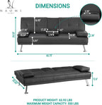 Naomi Home Compact Convertible Futon Sofa Bed – Modern Faux Leather Sleeper Couch for Small Spaces, Apartments & Dorms – Adjustable Lounger with Cup Holders & Removable Armrests, Black