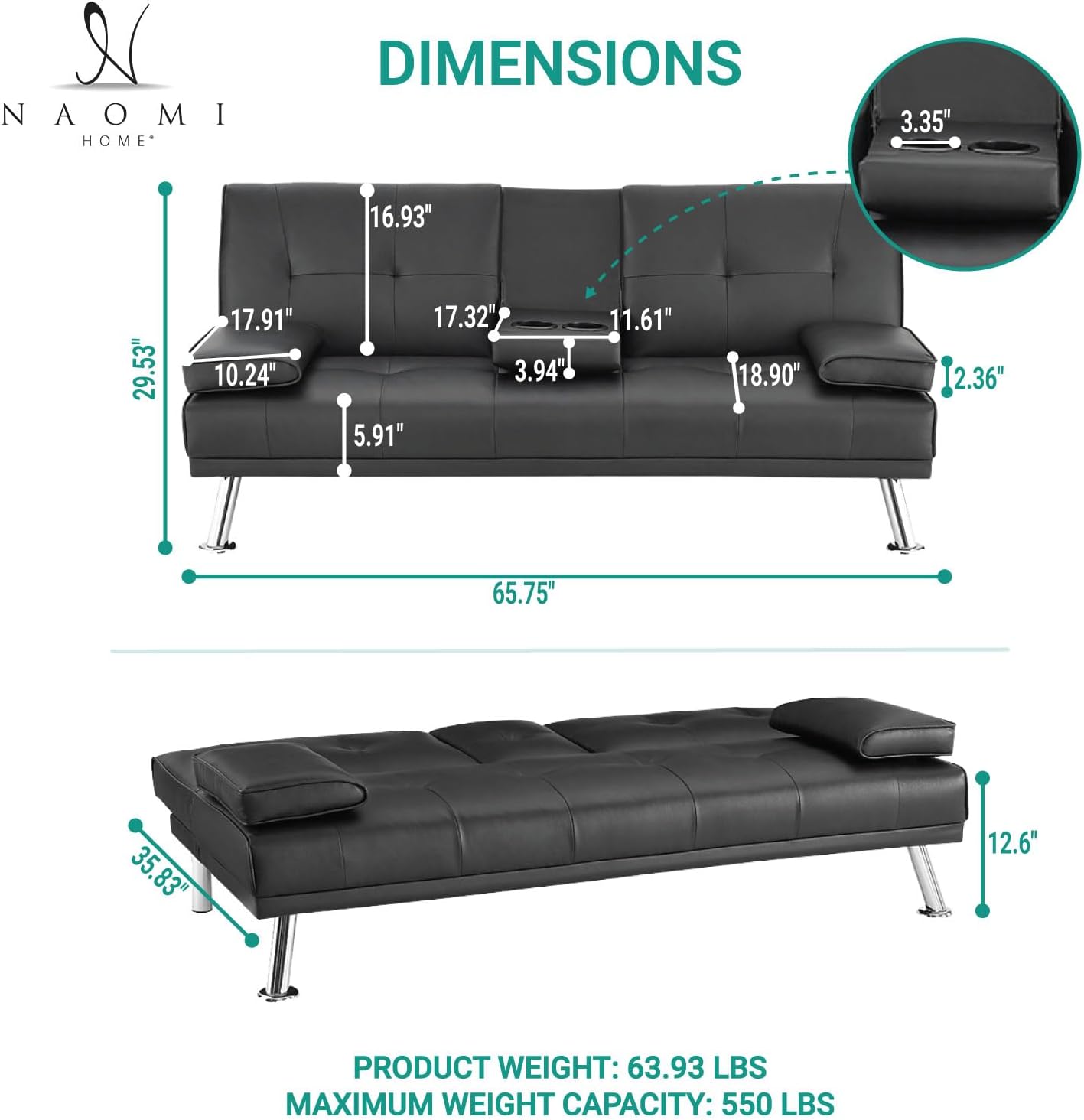 Naomi Home Compact Convertible Futon Sofa Bed – Modern Faux Leather Sleeper Couch for Small Spaces, Apartments & Dorms – Adjustable Lounger with Cup Holders & Removable Armrests, Black