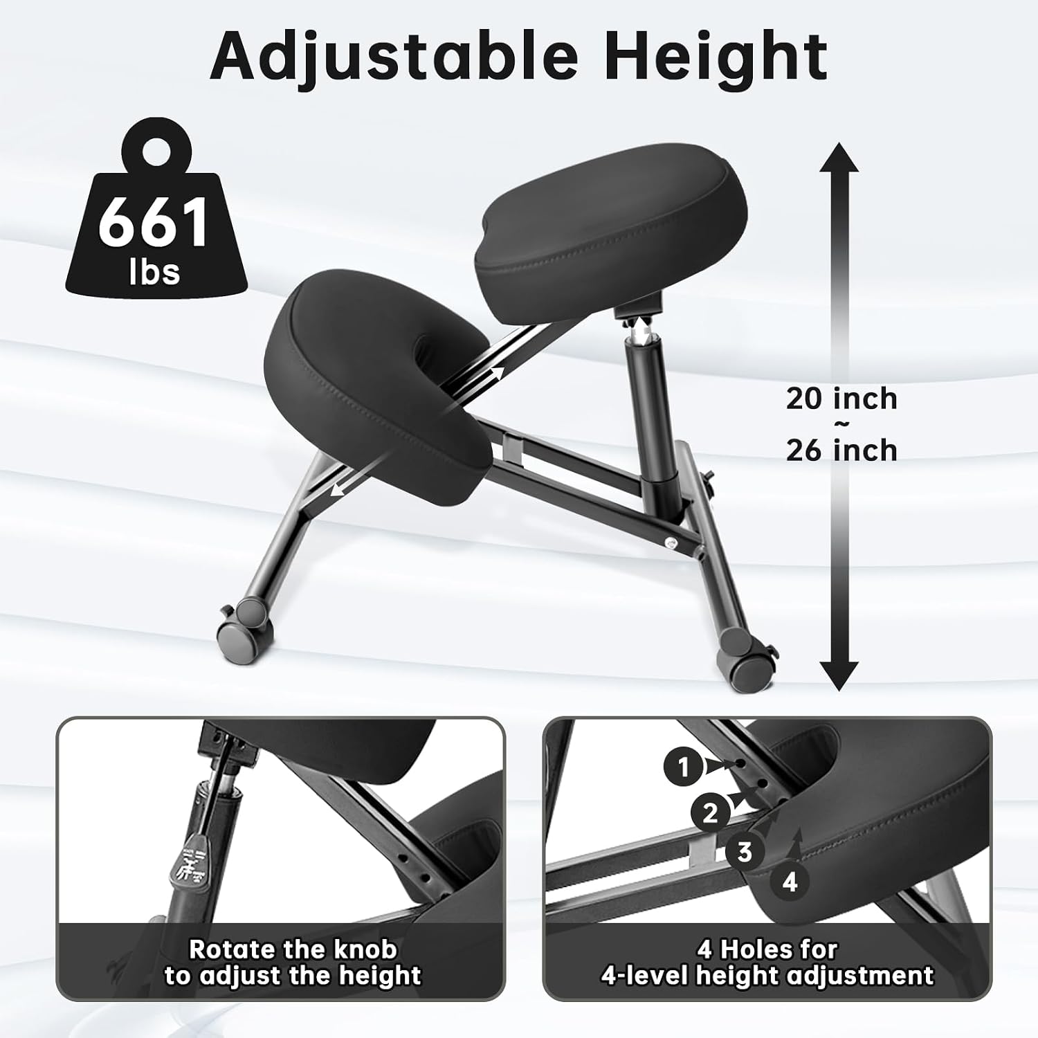 PU Leather Ergonomic Kneeling Chair, Adjustable Home and Office Stool with Thick Pads and Flexible Lockable Brake Wheels for Back Pain Relief (Light Black)