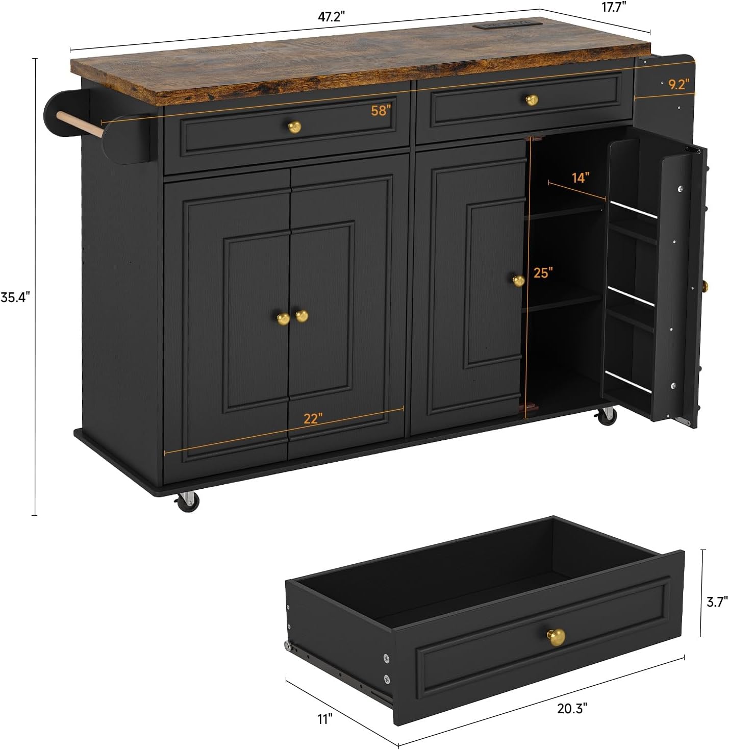ComfyCorner 58" Rolling Kitchen Island with Storage, Island Table for Kitchen with Power Outlet, Multi-level Kitchen Islands on Wheels, Mobile Bar Cart with Spice Rack, Towel Rack, Knife Holder, Black