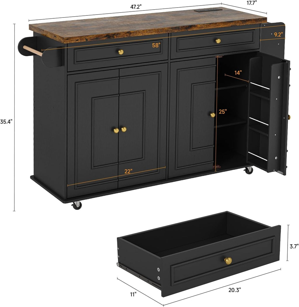 ComfyCorner 58" Rolling Kitchen Island with Storage, Island Table for Kitchen with Power Outlet, Multi-level Kitchen Islands on Wheels, Mobile Bar Cart with Spice Rack, Towel Rack, Knife Holder, Black