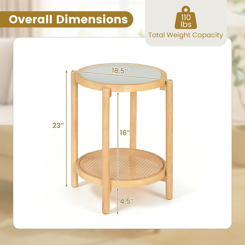 Giantex Rattan Round Side Table, 2-Tier Boho End Table w/Tempered Glass Top, Storage Shelf & Acacia Wood Legs, Accent Coffee Tables, Bedside Night Stand for Bedroom Living Room Small Space (Natural,1)