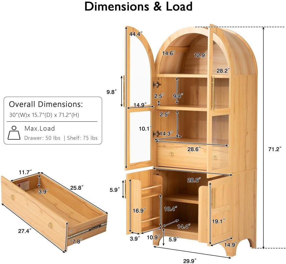 71" Tall Arched Kitchen Pantry Cabinet with Glass Doors, Adjustable Shelves & Hidden Drawer, Cupboard for Kitchen, Dining Room (Natural)