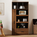Modern Kitchen Pantry Cabinet with Glass Door, Walnut, 70.87" Tall Storage Hutch, Microwave Stand, Pull-Out Shelf, Dining Room Buffet