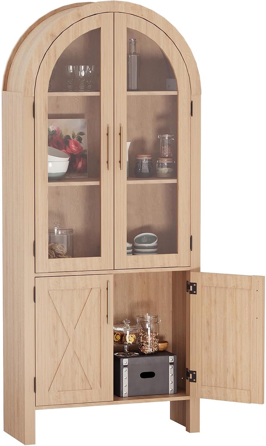 Jojoka Arched Pantry Cabinet, 60" Tall Farmhouse Kitchen Storage Cabinet with Glass Doors & X-Design, Tall Narrow Accent Cabinet with 4 Doors, Wood Display Cabinet for Dining Room, Living Room, Entry