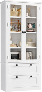 Modern Farmhouse Kitchen Pantry Cabinet with Glass Doors – 72" Tall, 2 Large Drawers, Adjustable Shelves, Versatile Storage Sideboard for Dining Room, Living Room, or Bathroom – White