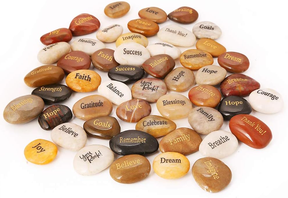 ROCKIMPACT 50PCS Engraved Rocks Different Words Inspirational Stones Bulk Faith Stones Zen Stones Gratitude Rocks Healing Prayer Stones Encouragement Rocks, 2"-3" Each