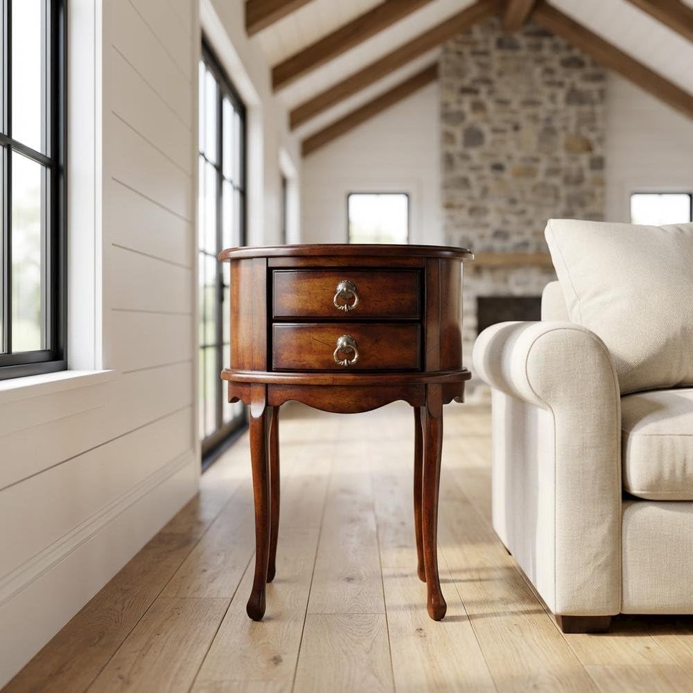 Starlight Canyon Home Oval Side Table with Storage Drawers, Traditional Cherry End Table with Rubberwood and Poplar Frame Construction