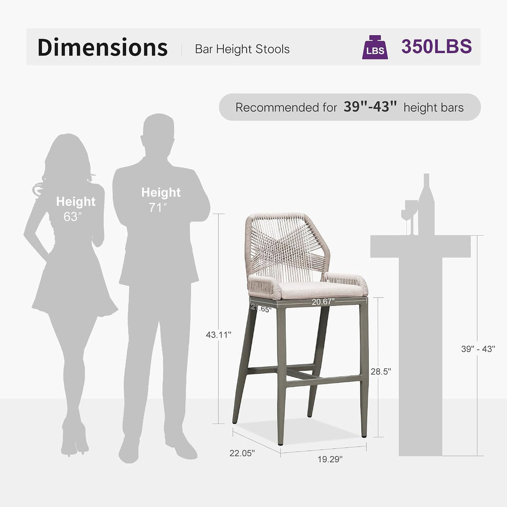 PURPLE LEAF Bar Stool 1 Piece Outdoor Bar Height Metal Stool Modern Wicker Rattan Barstools with Back Aluminum Outside Garden Patio Bar Chair, Light Grey