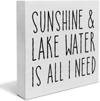 Country Lake Themed Wood Box Sign Decor Desk Sign Sunshine and Lake Water is All I Need Wooden Box Block Sign Summer Rustic Home Shelf Wall Decoration
